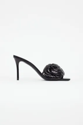 Black Leather Flower Mule