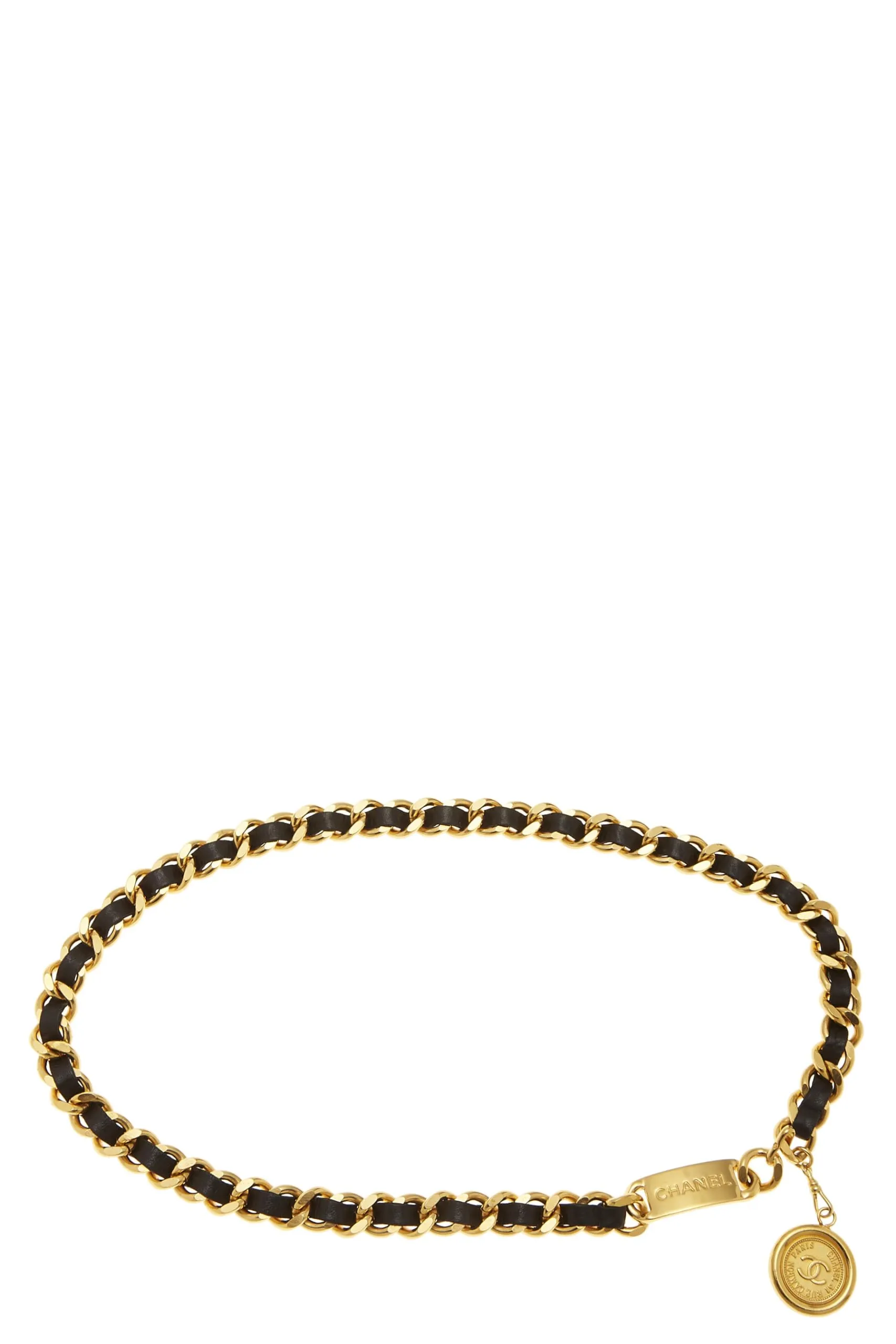 Chanel,  Gold & Black Leather 'CC' Medallion Chain Belt, Black