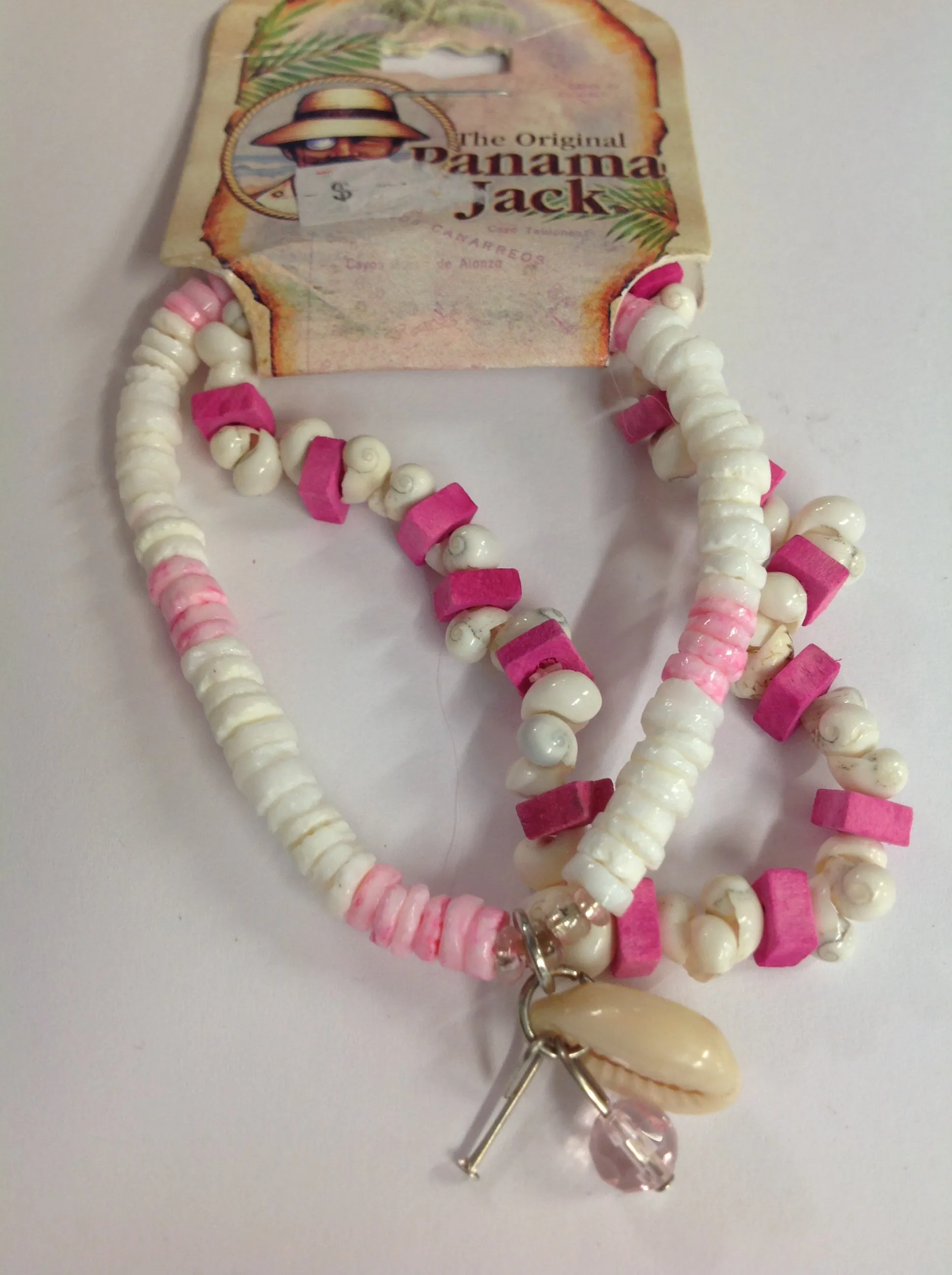 Vintage Authentic Panama Jack Duo Ankle Bracelet in Pink and White Beads with Shell and Pink Rhinestone Pendant