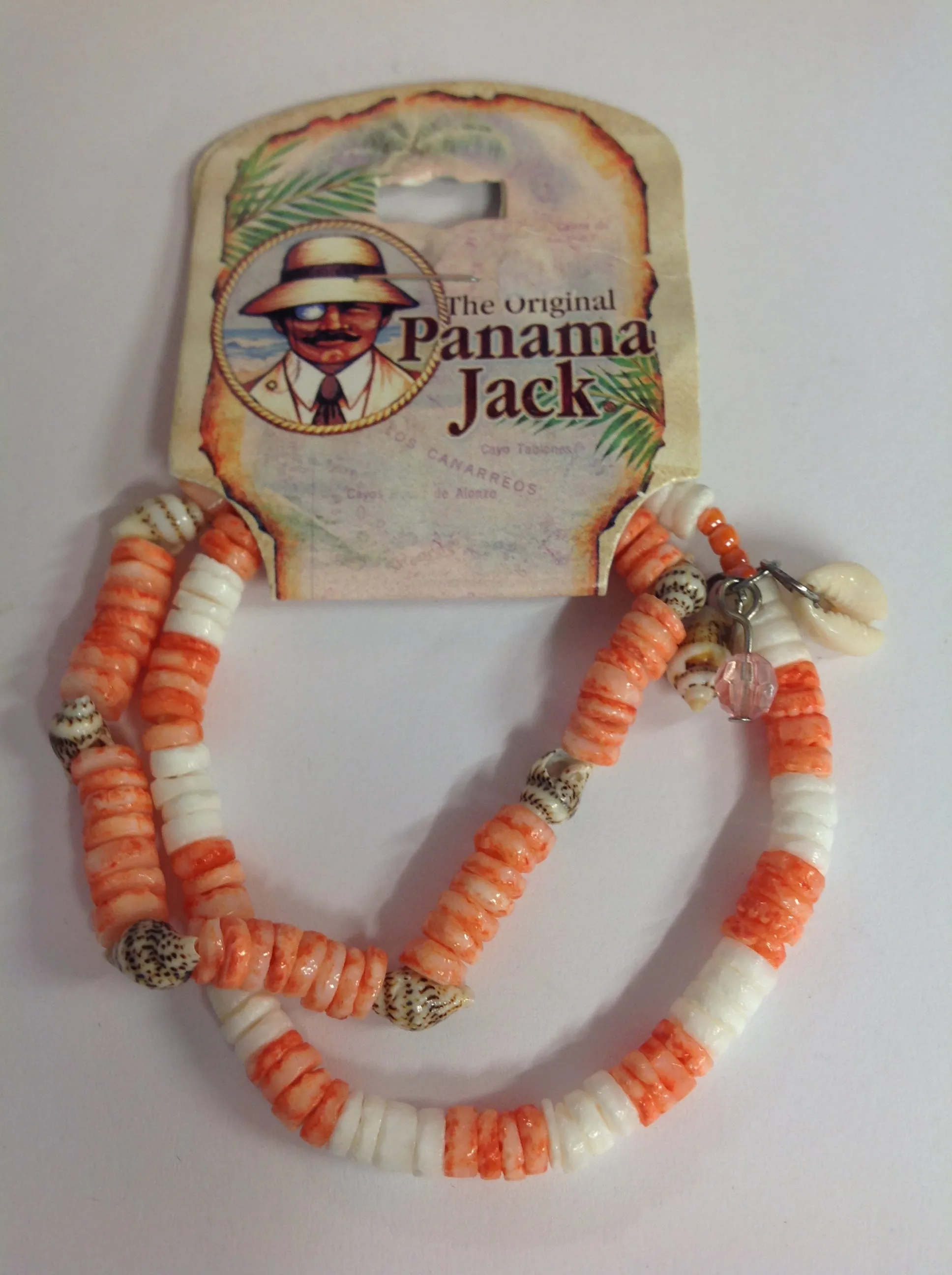 Vintage Authentic Panama Jack Duo Ankle Bracelet in Salmon and White Beads with Shell Accent