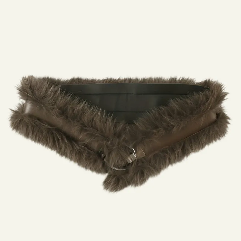Vintage Style Faux Fur Waist Belt with Metal Hook